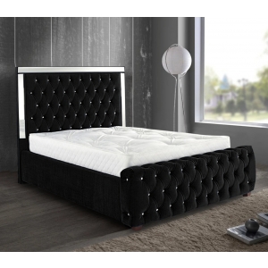 Elegance Mirrored Plush Velvet Bed-Mirrored Black Plush Velvet  